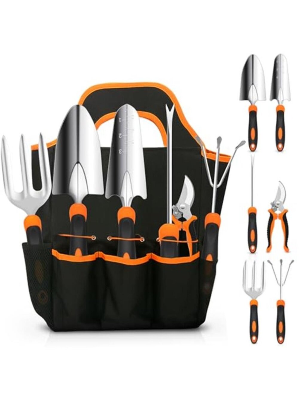 Garden Tool Set Stainless Steel Gardening Kit Tote Bag Pruner Trowel Hand Rake